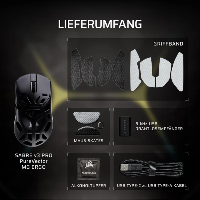 Corsair Sabre v3 Pro PureVector MG Ergo Ultralight Wireless, Magnesium, schwarz, USB