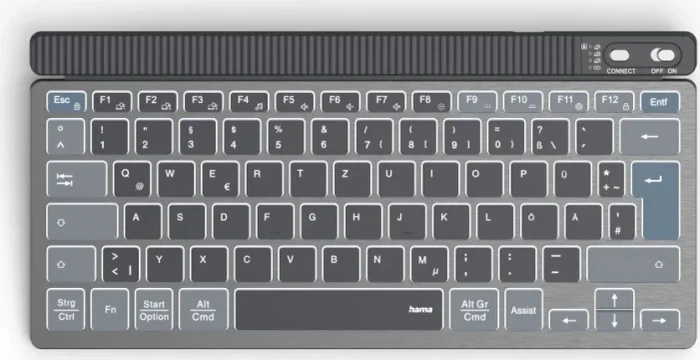 Hama WK-700 kompakte Multi-Device-Tastatur, grau/schwarz, LEDs weiß, USB/Bluetooth, DE