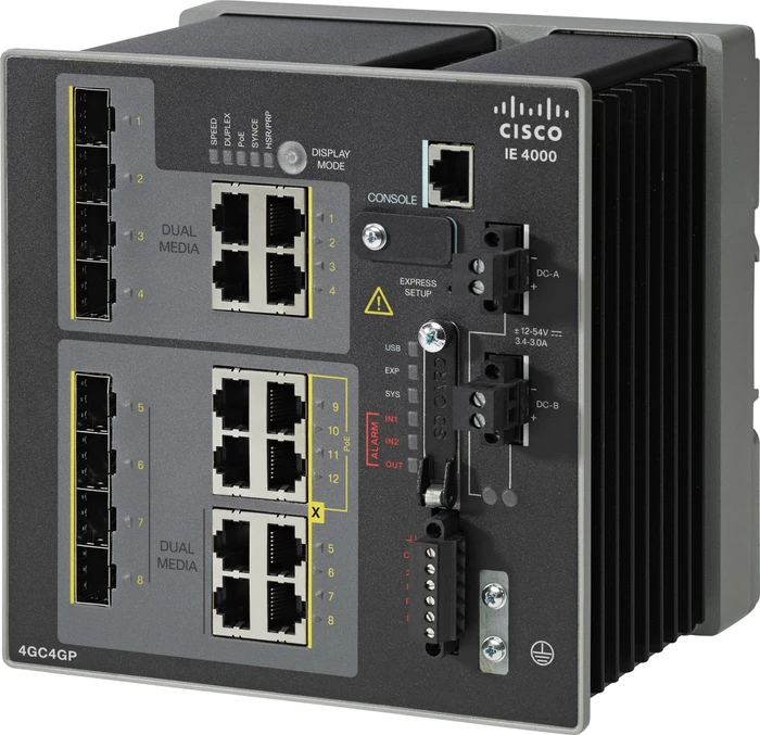 Cisco IE 4000 LAN Base Industrial Railmount Gigabit Managed Switch, 8x RJ-45/SFP, 4x RJ-45, 120W PoE+