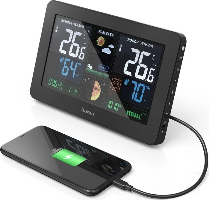 Hama Premium Funkwetterstation mit LED-Farbdisplay und USB-Ladefunktion, digital