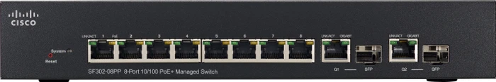 Cisco SF300 Desktop Managed Switch, 8x RJ-45, 2x RJ-45/SFP, 62W PoE+