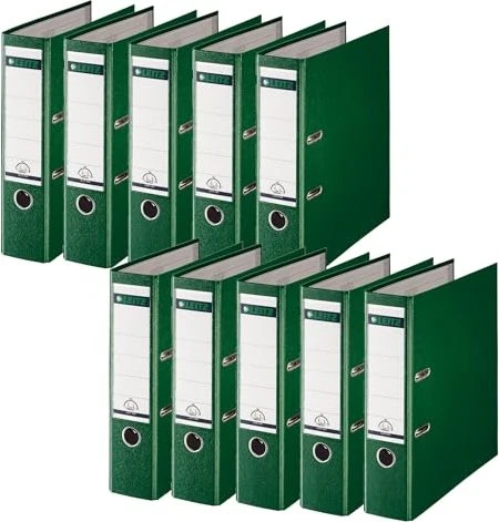 Leitz Qualitäts Ordner 2-Ring 180° Plastik, 80mm, A4, grün, 10er-Pack