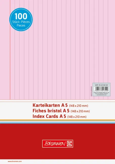 Brunnen Karteikarten, A5, liniert, rot, 100 Blatt