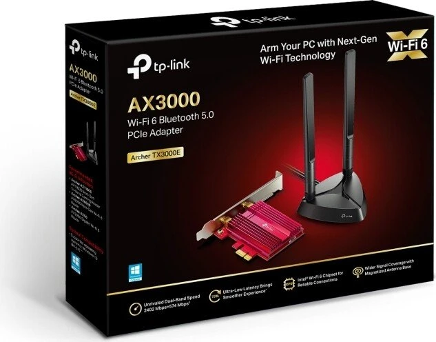TP-Link AX3000, 2.4GHz/5GHz WLAN, Bluetooth 5.0 LE, PCIe x1