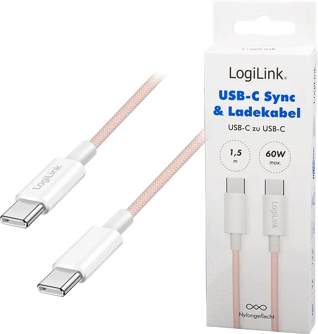 LogiLink USB-C Kabel, USB 2.0, 480Mb/s, 60W PD, USB-C Stecker auf USB-C Stecker, Nylon, pink, 1m