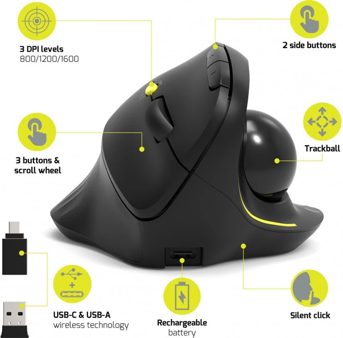 Port Designs Wireless Ergonomic Rechargeable Trackball, USB-A/Bluetooth