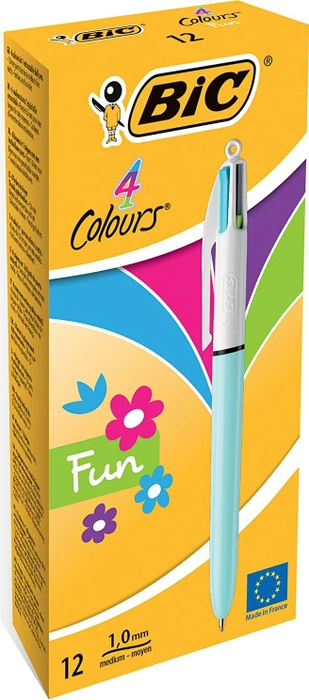 BIC 4 Colours Fun Fashion 0.4mm Kugelschreiber (Mine) pastellblau/weiß, 12er-Pack (887777#12)