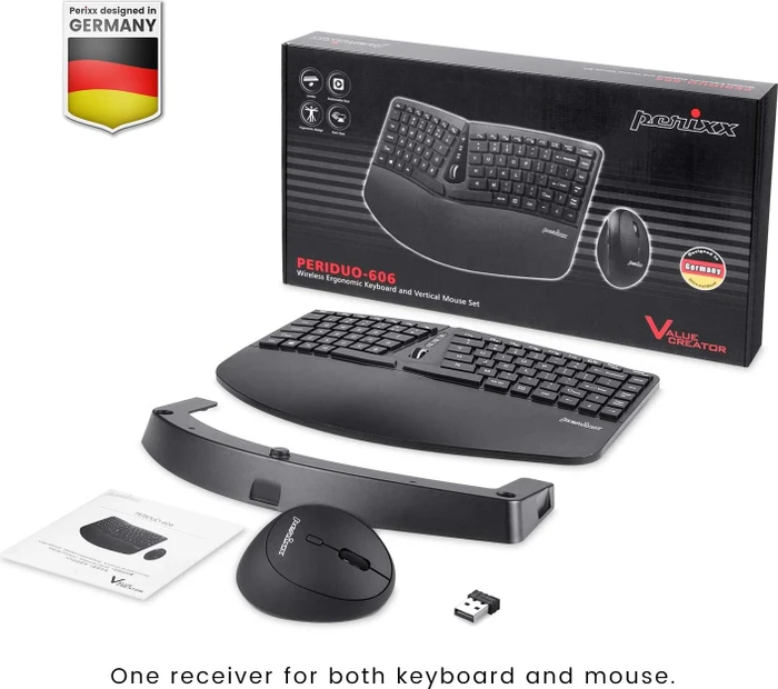 Perixx Periduo 606 Wireless Mini Ergonomic Split Keyboard and Vertical Mouse Combo schwarz, USB, ES