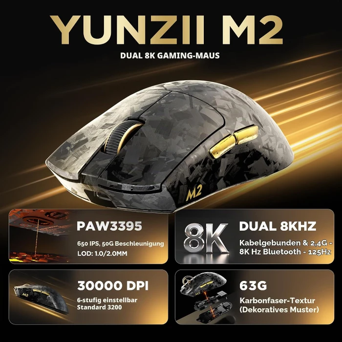 Yunzii M2 Dual 8K Custom Wireless Gaming Maus, schwarz/gold, USB/Bluetooth