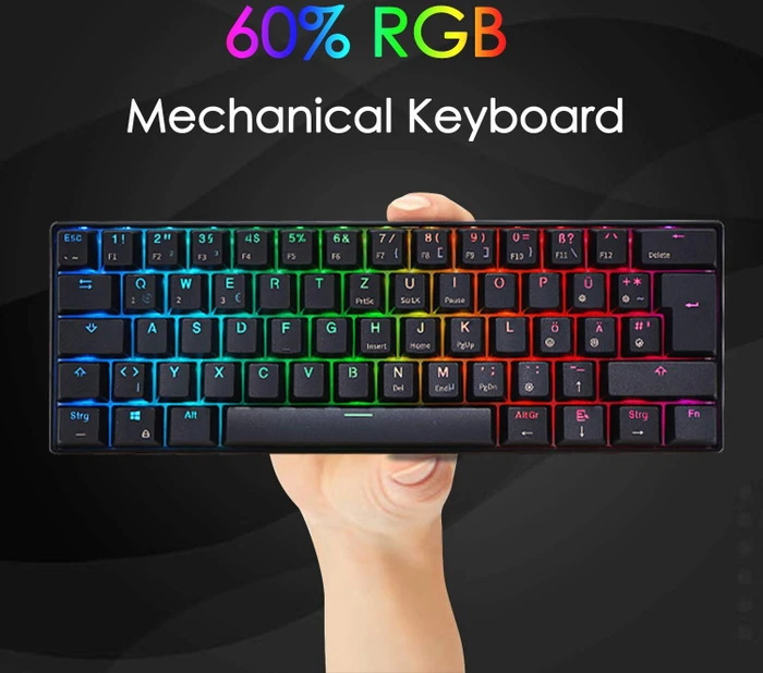 RK Royal Kludge RK61 60% Wireless, schwarz, LEDs RGB, Gateron RED, USB/Bluetooth, DE