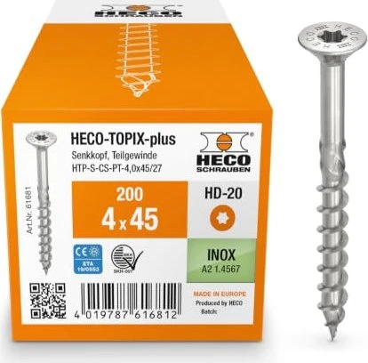 HECO TOPIX-plus Edelstahl A2 Torx T20 Holzschraube, 4x45mm, 200 Stück