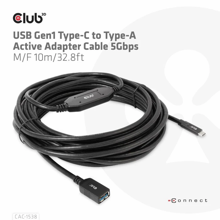 Club 3D USB-C 3.0 Kabel, aktiv, 5Gb/s, USB-C 3.0 Stecker auf USB-A 3.0 Buchse, 10m