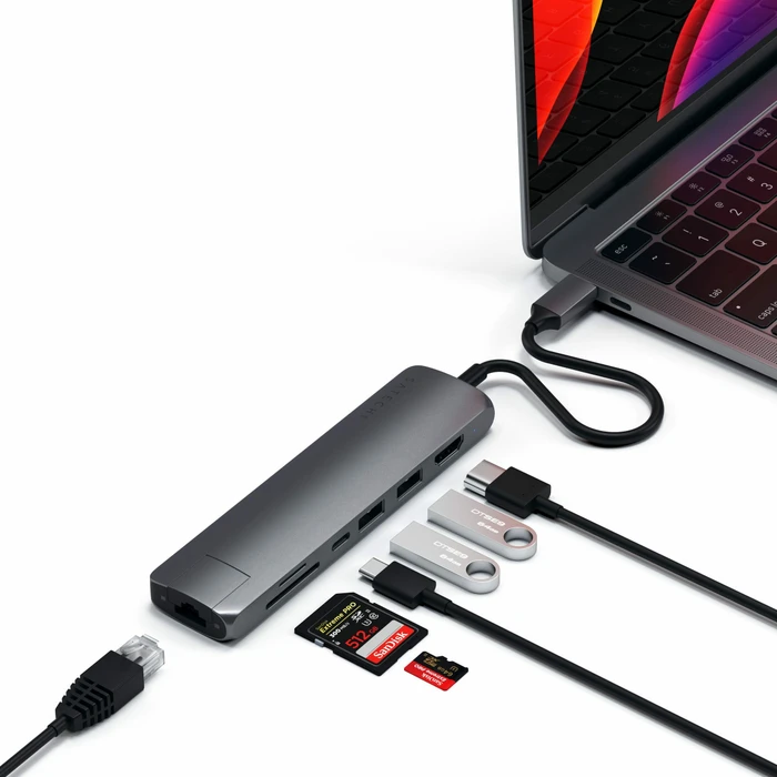Satechi USB-C Slim Multi-Port with Ethernet Adapter, Space Gray, Dual-Slot-Cardreader, USB-C 3.0 [Stecker]
