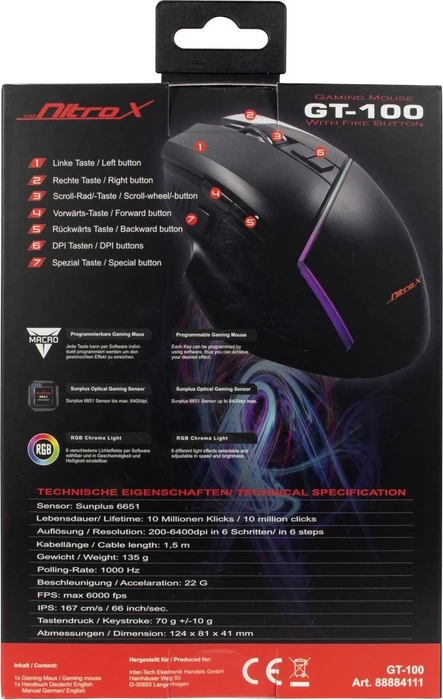 Inter-Tech Nitrox GT-100 RGB Gaming Maus schwarz, USB