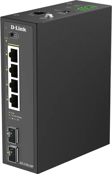 D-Link DIS-210G-06P Industrial Railmount Gigabit Smart Switch, 4x M12, 2x SFP, 120W PoE+