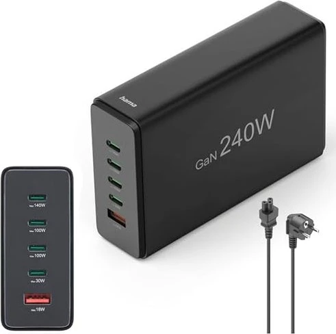 Hama USB-Ladestation 5 Ports GaN Schnellladegerät 4x USB-C 1x USB-A PD 240W schwarz