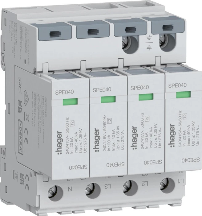 Hager Überspannungsableiter 4P T2 TNS Uc 275V In 20kA Imax 40kA