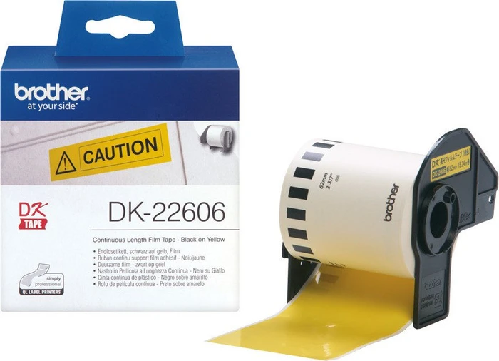 Brother Endlosetiketten DK-22606, 62mm, 15.2m, schwarz/gelb, beschichtet