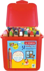 STABILO Woody 3in1 Wachsmalstift sortiert, Kunststoffbox, Anspitzer, 38er-Set