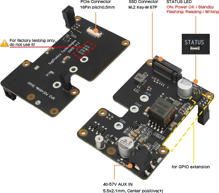 Geekworm X1012 PCIe auf M.2 Key-M NVMe+PoE Adapter-Board, M.2 M-Key 2230/2242/2260/2280 NVMe Slot für Raspberry Pi 5