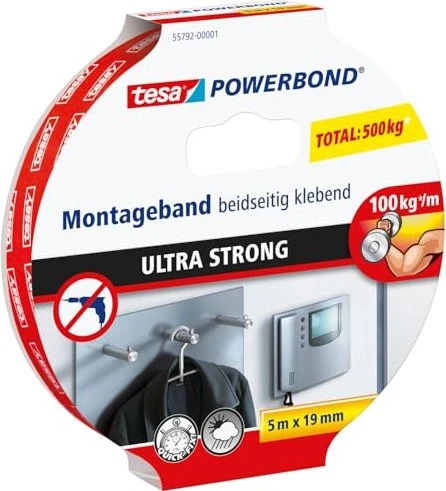 tesa Powerbond Ultra Strong Montageband transparent, Klebeband, 19mm/5m, 1 Stück