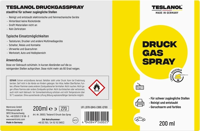 Teslanol Druckgasspray zum Reinigen und Entstauben, 200ml