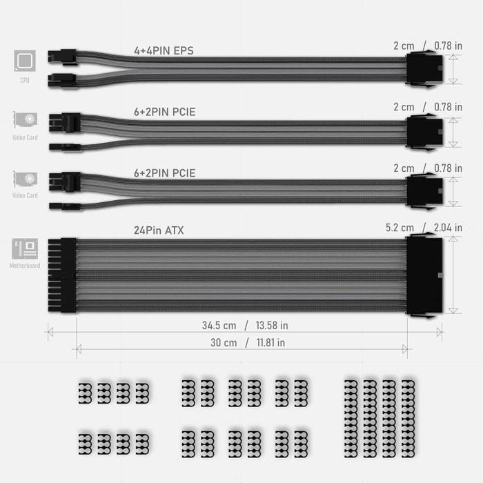 EZDIY-FAB Cable Extension Kit, 1x 24-Pin, 1x 4/8-Pin ATX, 2x 8-Pin PCIe, 18AWG, schwarz/grau