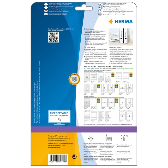 Herma Ordneretiketten Inkjet, 61x297mm, weiß, 25 Blatt (75 Etiketten)