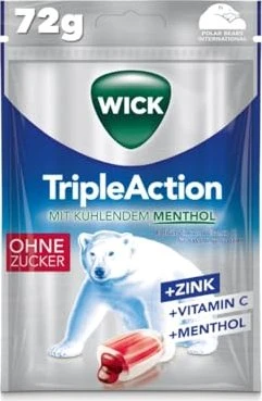 Wick TripleAction Menthol & Cassis Halsbonbons ohne Zucker, 72g