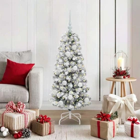 vidaXL Künstlicher Weihnachtsbaum schlank mit Schnee, 120cm, inkl. LED-Beleuchtung