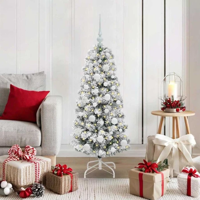 vidaXL Künstlicher Weihnachtsbaum schlank mit Schnee, 120cm, inkl. LED-Beleuchtung