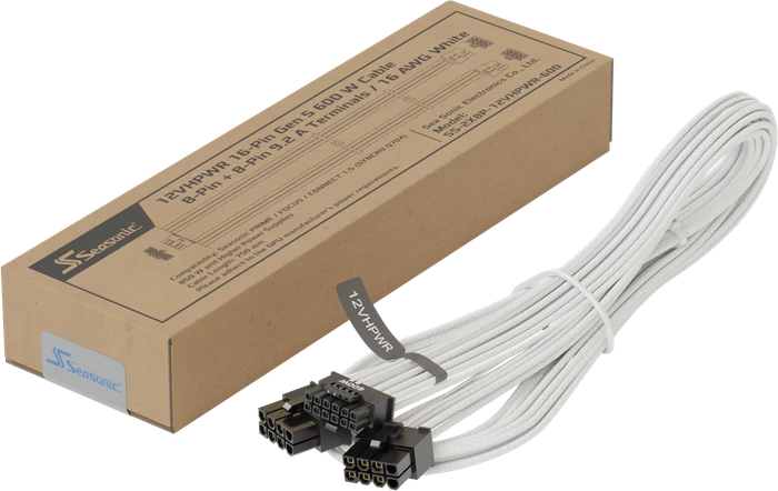 Seasonic 12VHPWR Cable, 600W PCIe 5.0 12VHPWR, 2x 8-Pin PCIe Stecker auf 16-Pin PCIe 5.0 12VHPWR Stecker, Adapterkabel, weiß, 75cm