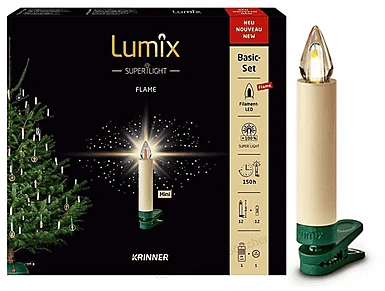 Krinner Lumix Superlight mini Flame Christbaumkerzen Basis-Set elfenbein LED 12x warmweiß, 12 Stück