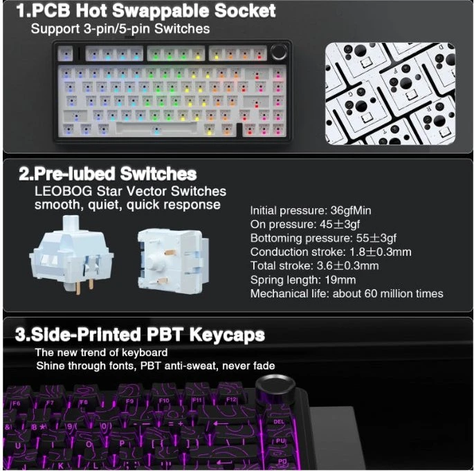 Aula F75 Pro, Black Contour, LEDs RGB, hot-swap, LEOBOG Seiya Star Vector, USB/Bluetooth, US