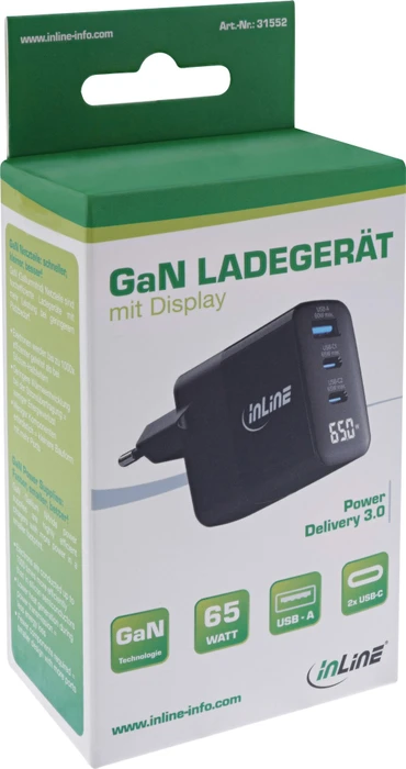 InLine 3-Port GaN Netzteil, USB-C/USB-A, 2x USB-C + 1x USB-A, 65W, schwarz
