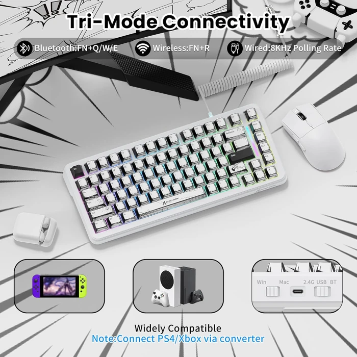 Attack Shark X82PRO HE Magnetic 75% inkl. Spiralkabel, Comic, LEDs RGB, Outemu White Jade Magnetic, USB/Bluetooth, US