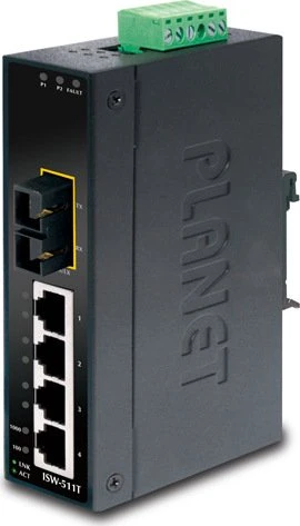 Planet ISW-511TS15 Wide-Temperature Industrial Railmount Switch, 4x RJ-45, 1x SC-Duplex