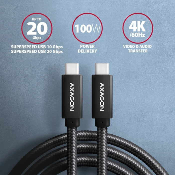 Axagon USB-C Kabel, USB 3.2 Gen2x2, 20Gb/s, 4K60Hz, 100W PD, USB-C [Stecker] auf USB-C [Stecker], 2m