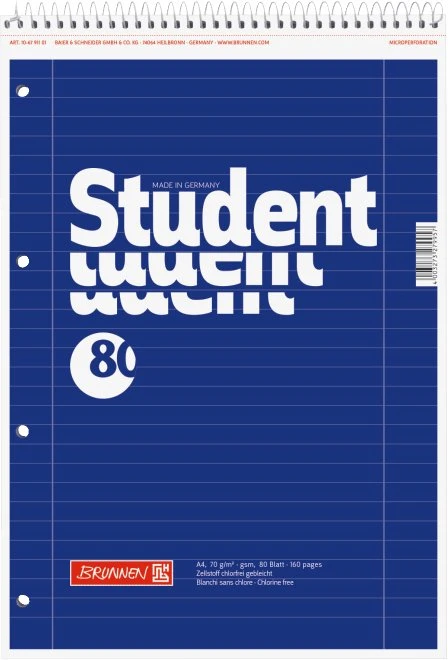 BRUNNEN Kieserblock 17 – Lineatur 21, A4, Liniert, 50 Blatt / 100 Seiten, Gelocht