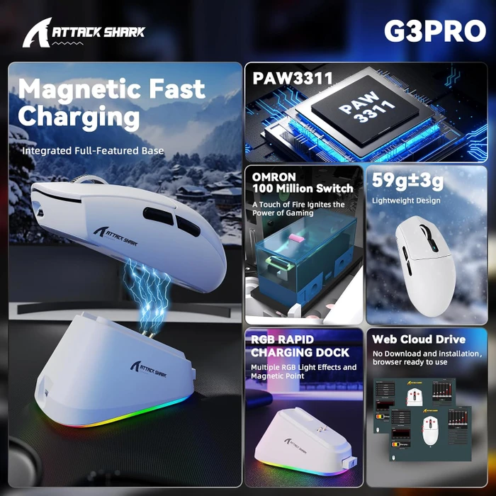 Attack Shark G3Pro Tri-mode Wireless Gaming Mouse mit Ladestation, White, USB/Bluetooth