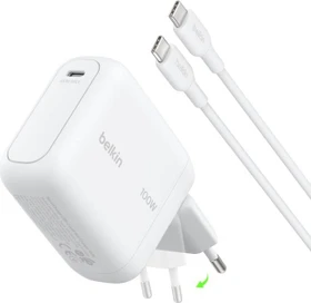 Belkin BoostCharge USB-C-GaN-Ladegerät mit klappbaren Pins 100W + USB-C Kabel weiß