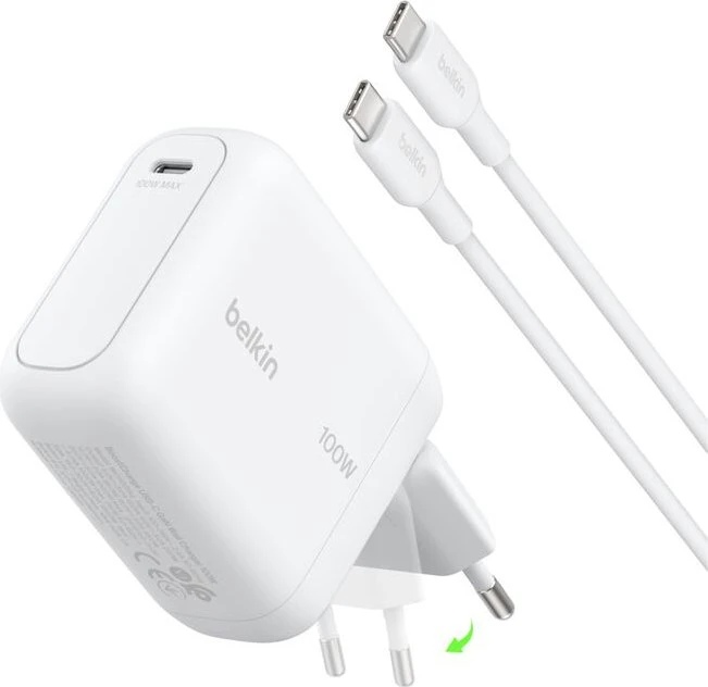 Belkin BoostCharge USB-C-GaN-Ladegerät mit klappbaren Pins 100W + USB-C Kabel weiß