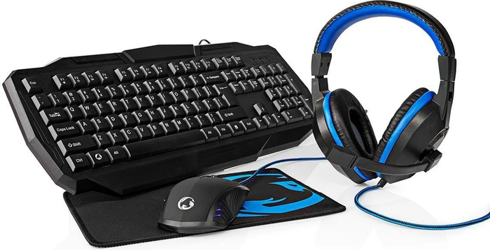Nedis 4in1 Gaming Combo Kit, Tastatur, Headset, Maus und Mousepad, USB, DE