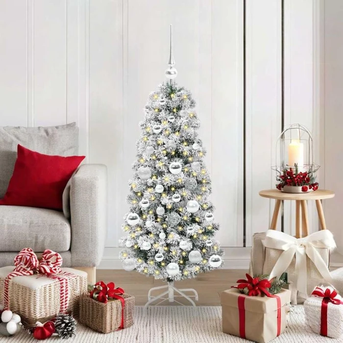 vidaXL Künstlicher Weihnachtsbaum schlank mit Schnee, 120cm, inkl. LED-Beleuchtung