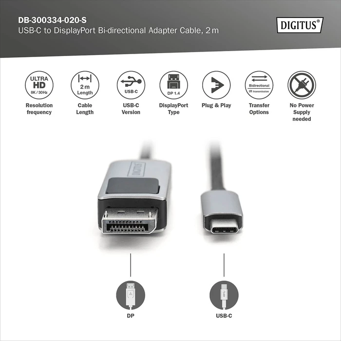 Digitus USB-C [Stecker] auf DisplayPort 1.4 [Stecker] 8K 30Hz Adapterkabel, 2m