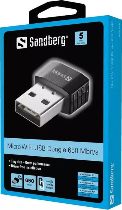 Sandberg Micro Wifi Dongle, 2.4GHz/5GHz WLAN, USB-A 2.0