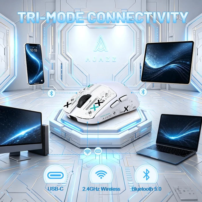 Ajazz AJ159 V2 Wireless Gaming Mouse mit Akku-Ladestation, weiß, inkl. Grip Tape, USB/Bluetooth