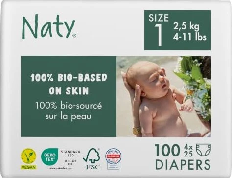 Naty Eco by Naty Gr.1 Einwegwindel, 2-5kg, 100 Stück (4x 25 Stück)