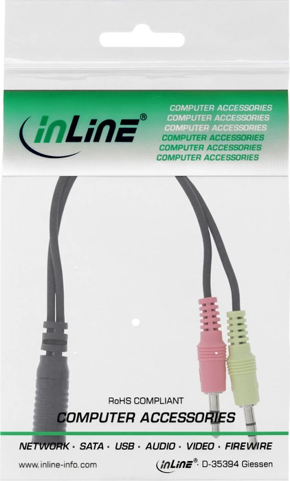 InLine Klinken Adapter, 2x 3.5mm Stecker auf 1x 3.5mm Buchse CTIA, 15cm, schwarz