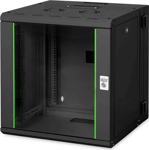 Digitus Professional Unique Serie Wandschrank 12HE, zweiteilig, schwenkbar, Sicherheitsglastür, IP2X, schwarz, 600mm tief